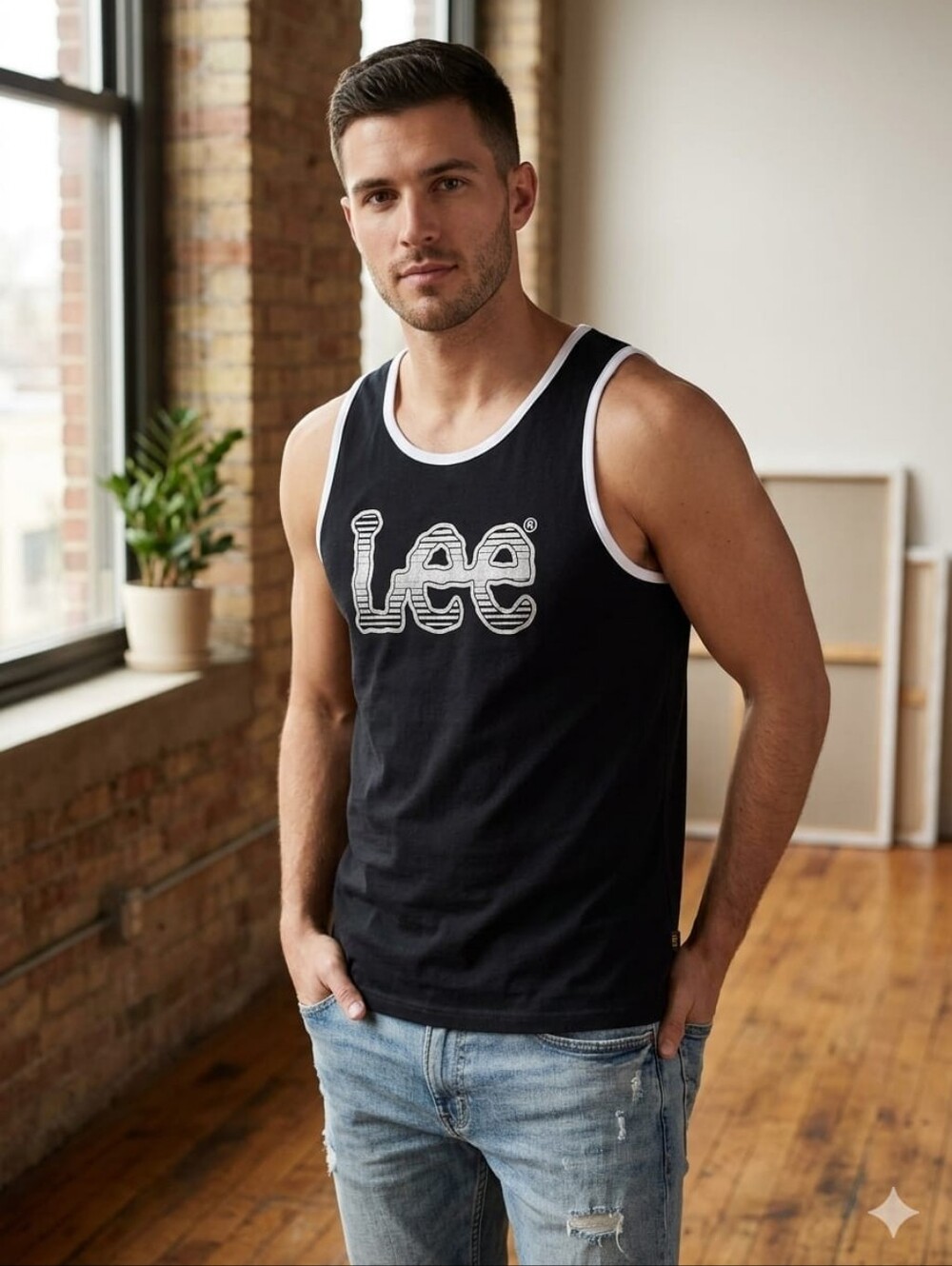 Lee Jeans Men's Graphic Logo Ringer Tank Top Black Medium
